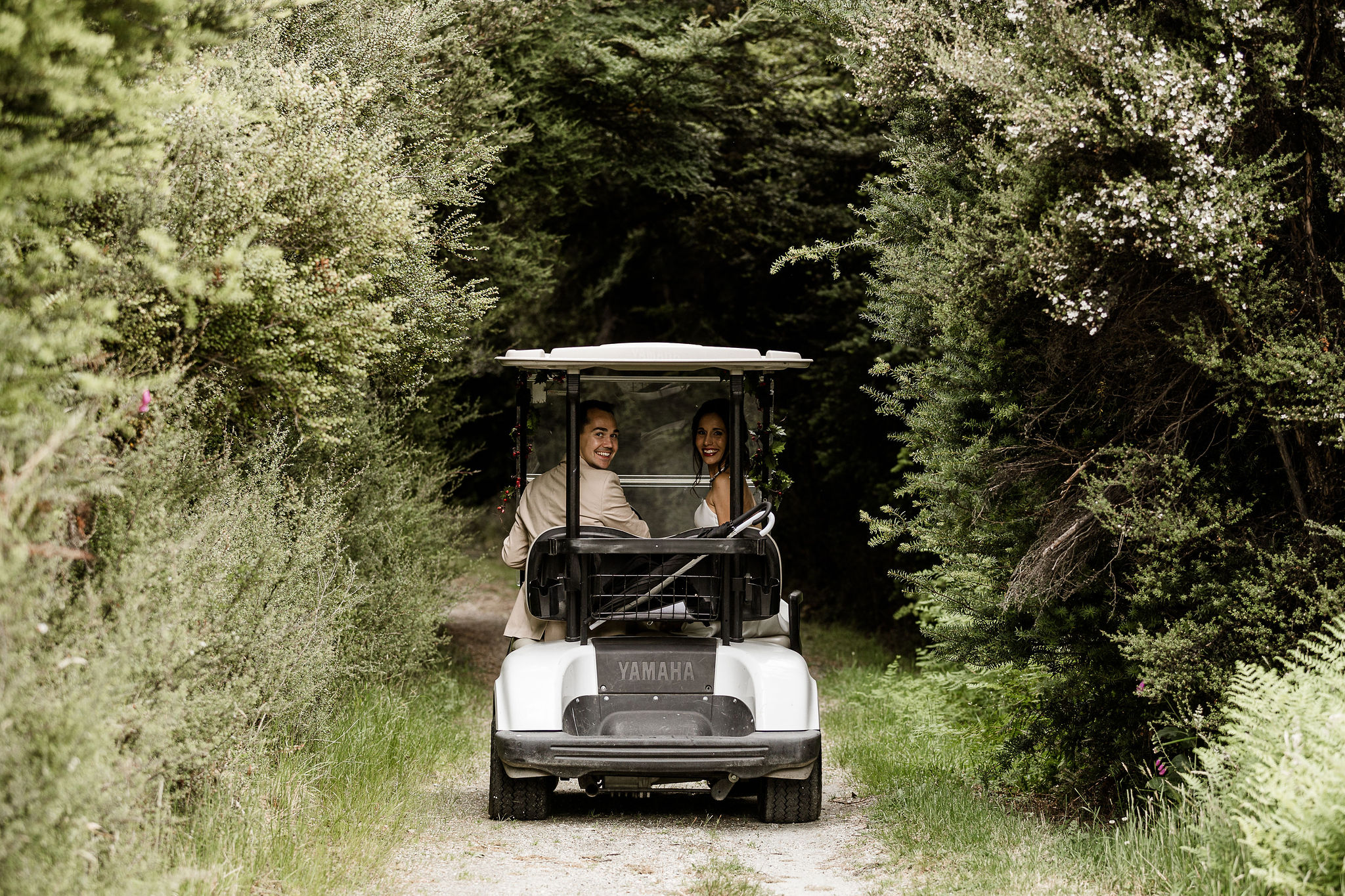 Golf cart wedding car at Paradise Trust